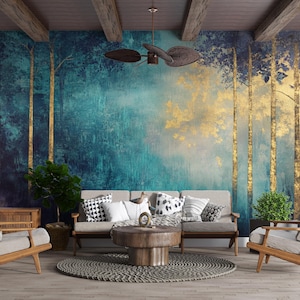 Aurora Grove / Carta da parati murale foresta verde acqua e oro / Aurora Tree Wall Art / Decorazione naturale di lusso staccabile e attaccabile / BL05N