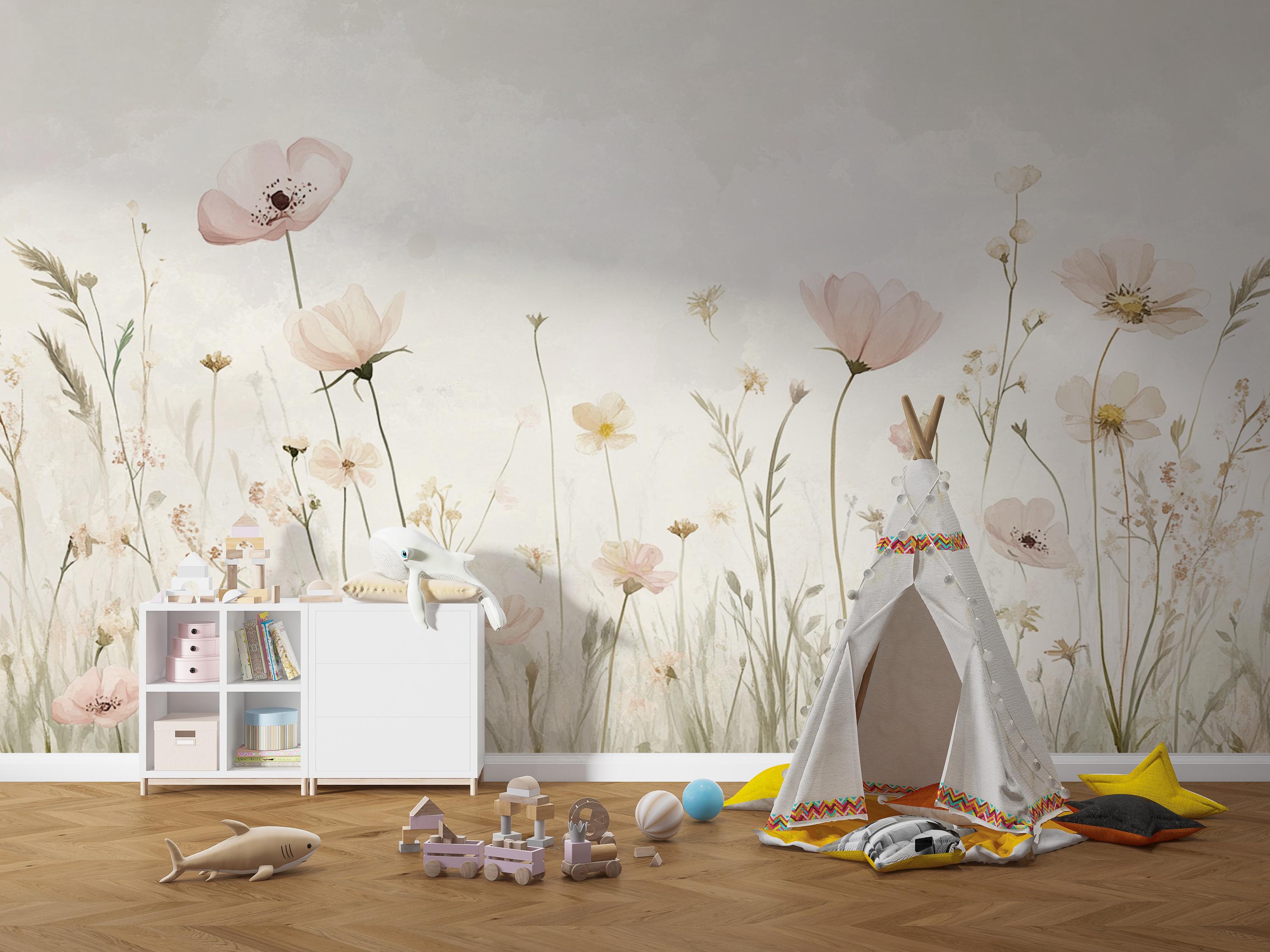 Blush Floral Wall Mural | Watercolor Wildflower Wallpaper | Neutral ...