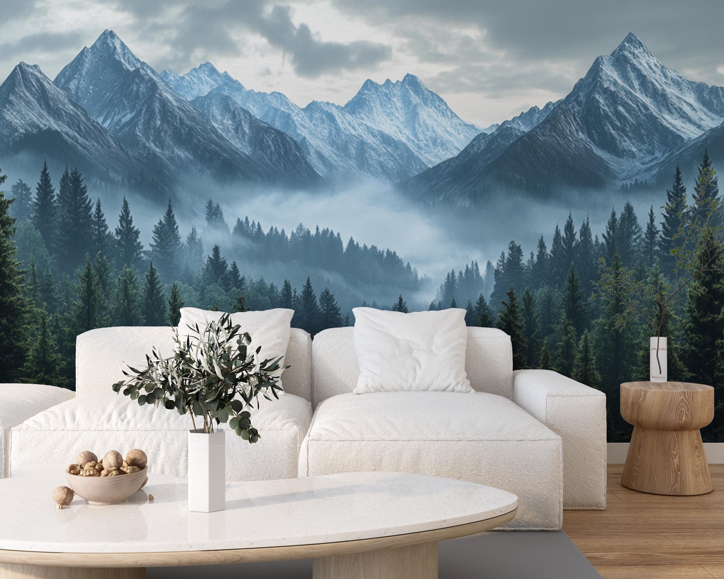 Glacierwood Peaks | Snowy Mountain Mural | Pine Forest Scenic Wallpaper ...