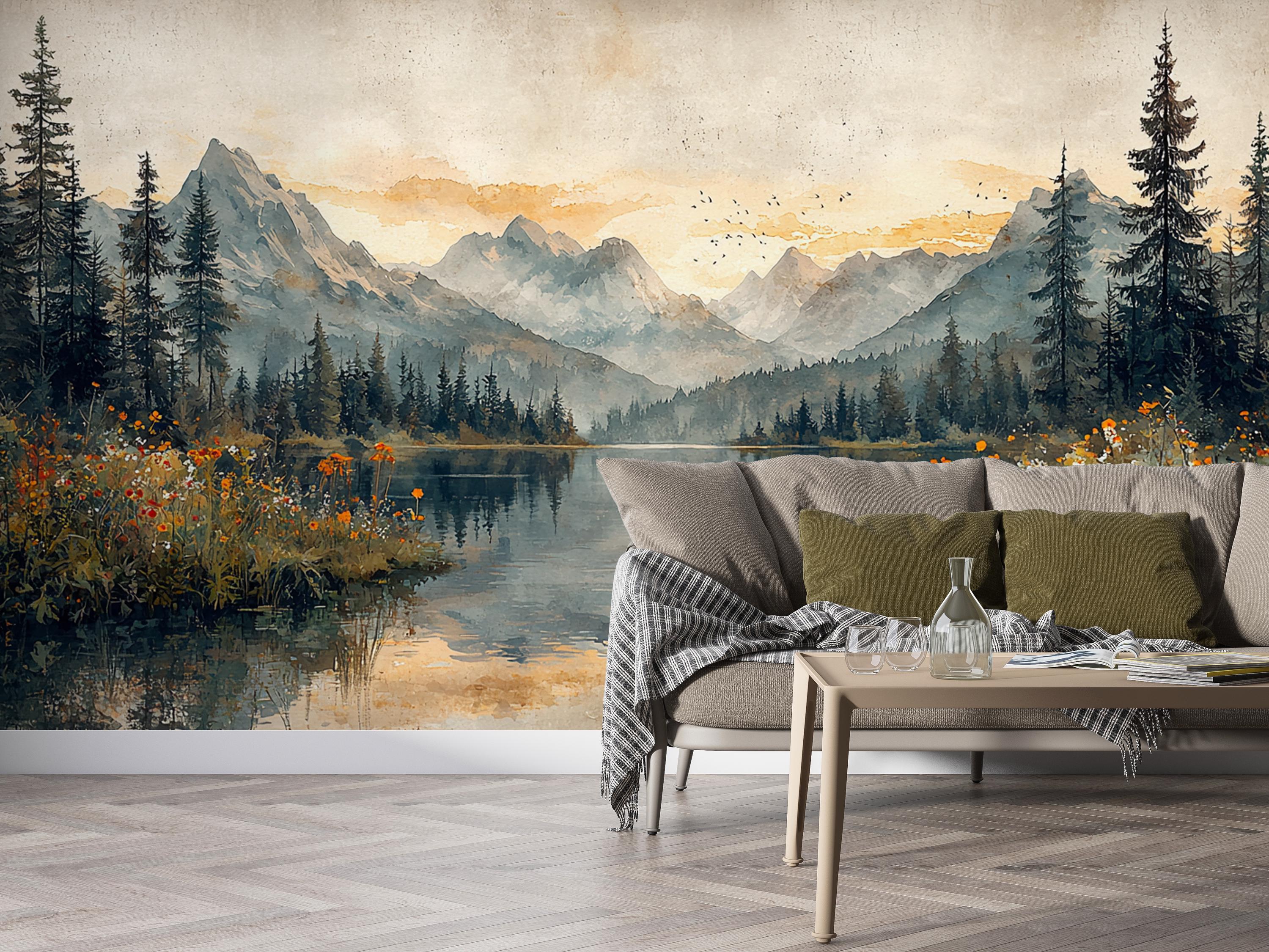 Wildflower Reflections | Sunset Mountain Mural | Scenic Lake Wallpaper ...