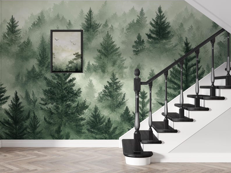 Forest Wallpaper | Pine Tree Wall Mural | Misty Green Nursery Decor ...