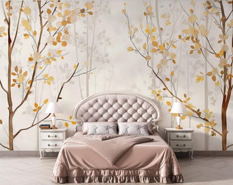 Solmere Woods | Jasny mural leśny | Minimalistyczne złote liście | Dekoracja tapety z motywem natury | B163