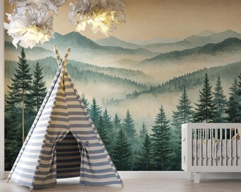 Whispervale Pines | Foggy Forest Wallpaper | Mountain Tree Mural | Vintage Woodland | Misty Landscape | BL82N