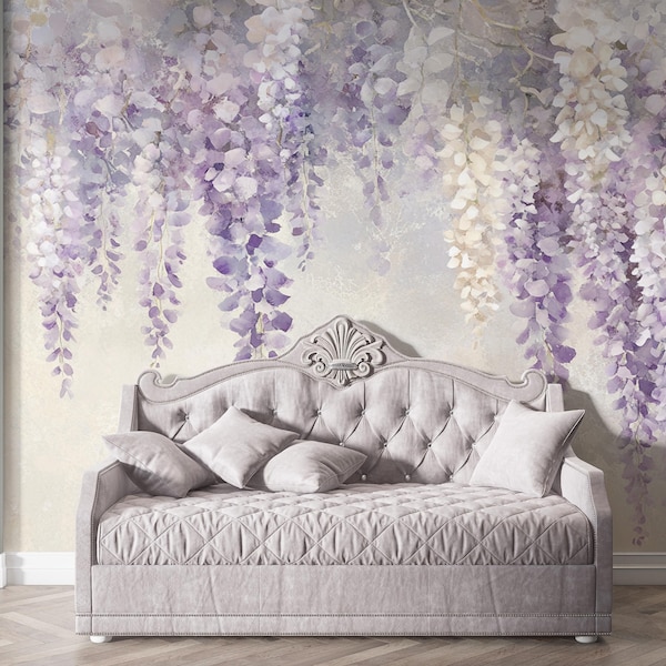 Lavender Rain | Wisteria Flower Wall Mural | Watercolor Hanging Floral Wallpaper | Purple Botanical | BL09F