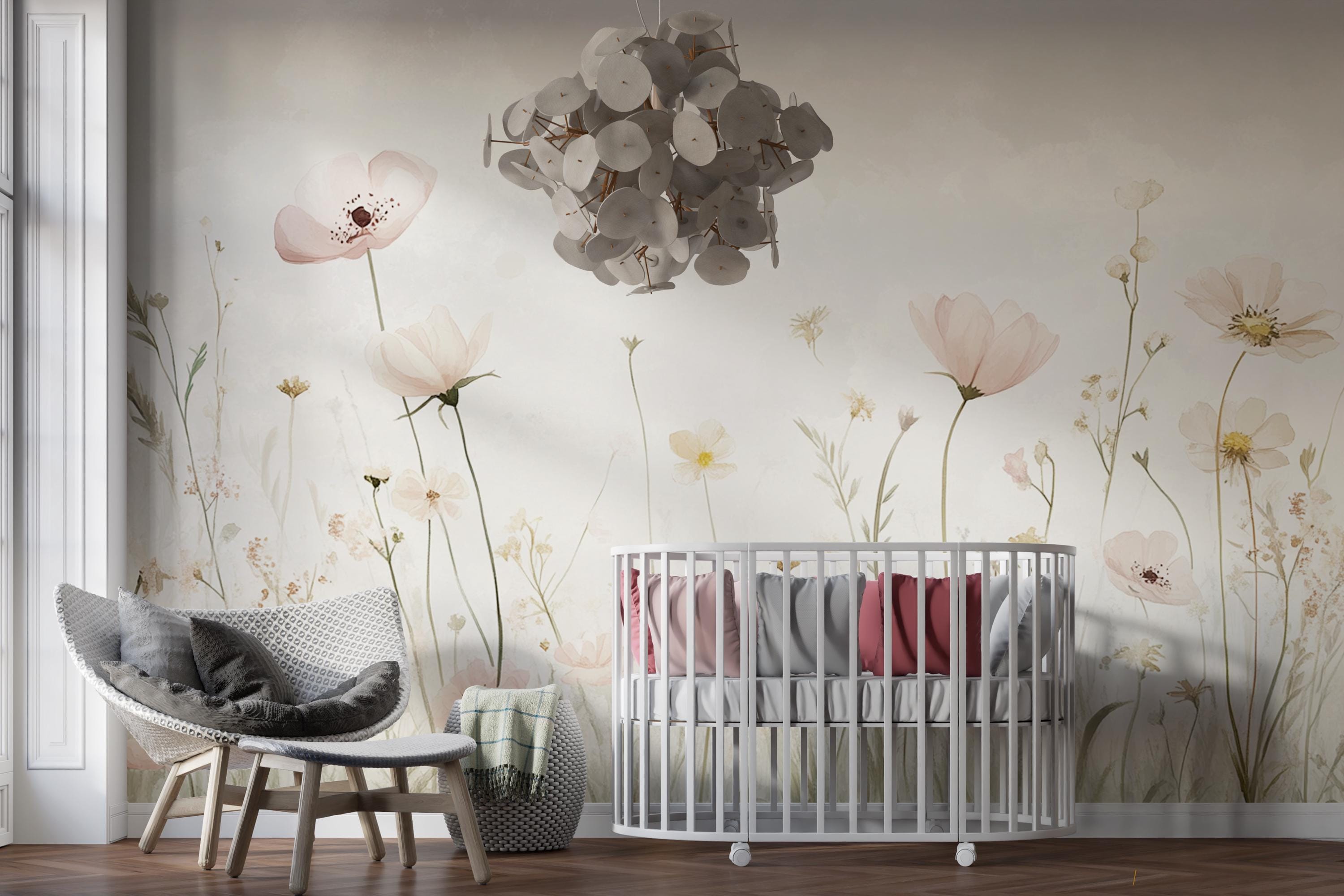 Blush Floral Wall Mural | Watercolor Wildflower Wallpaper | Neutral ...
