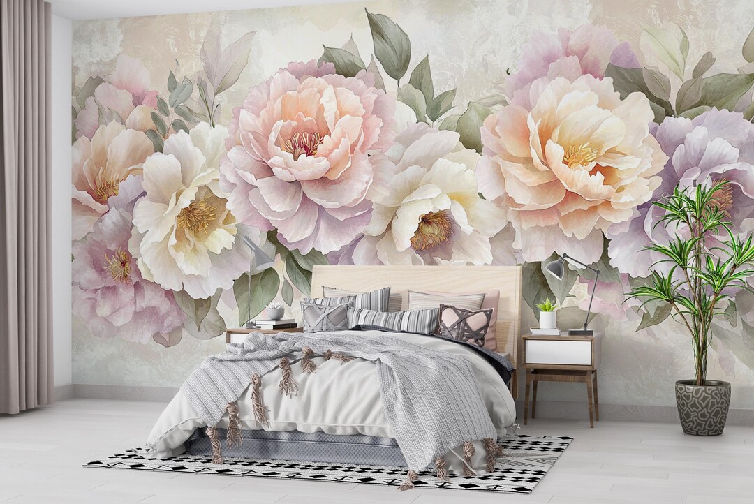 Romantic Peony Mural | Blush Watercolor Floral Wallpaper | Soft Pastel ...