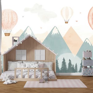 Sky Whimsy | Hot Air Balloon Nursery Mural | Soft Mountain Wallpaper for Kids Room | Sky Whimsy Peel and Stick Wall Art | BL18K