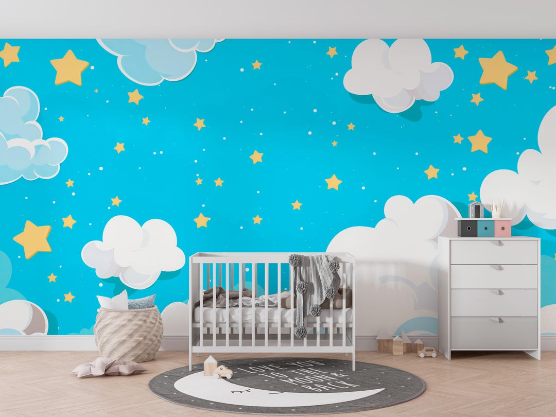 Dreamy Sky | Blue Cloud & Star Nursery Mural | Whimsical Kids Peel and ...