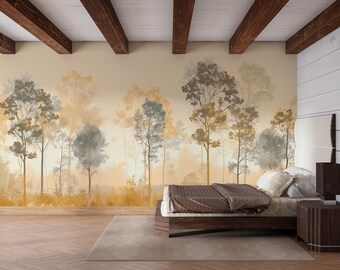 Golden Grove Forest | Neutral Autumn Tree Mural | Warm Beige Peel and Stick Wallpaper | A130