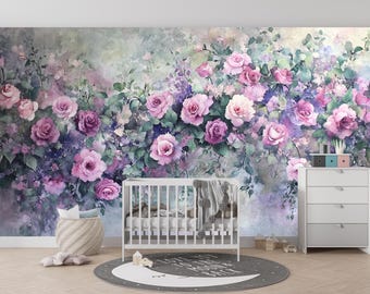 Aquarelle florale cascade de roses et de lavande | Art rose et rose pourpre | Romantique | Botanique élégant | BL52K