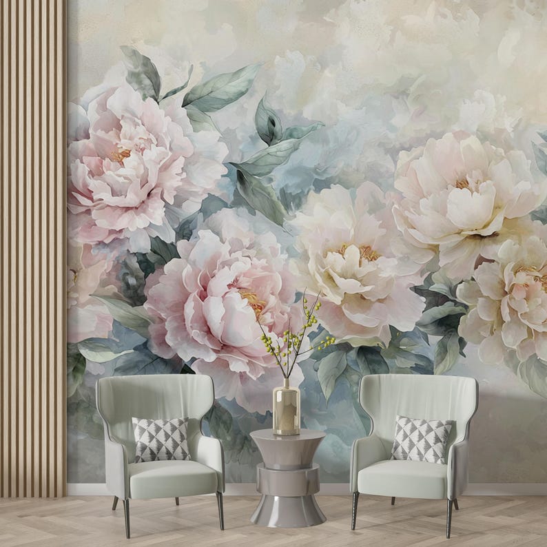 Pastel Peony Mural | Watercolor Floral Wallpaper | Blush Pink Botanical ...