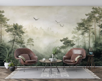 Whispering Pines Forest Mural | Misty Green Woodland | Nature Landscape Wallpaper | BL56N