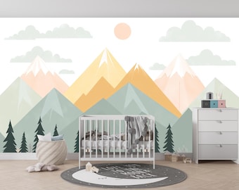 May include: A nursery with a mountain-themed mural in pastel colors. A white crib, a dresser, and a round rug with a moon design are in front of the mural. The rug has the text "I love you to the moon and back."