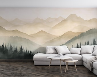 Sepia Mist Mountains | Neutral Watercolor Mural | Beige Forest Wallpaper | Calm Nature Wall Art | MU48