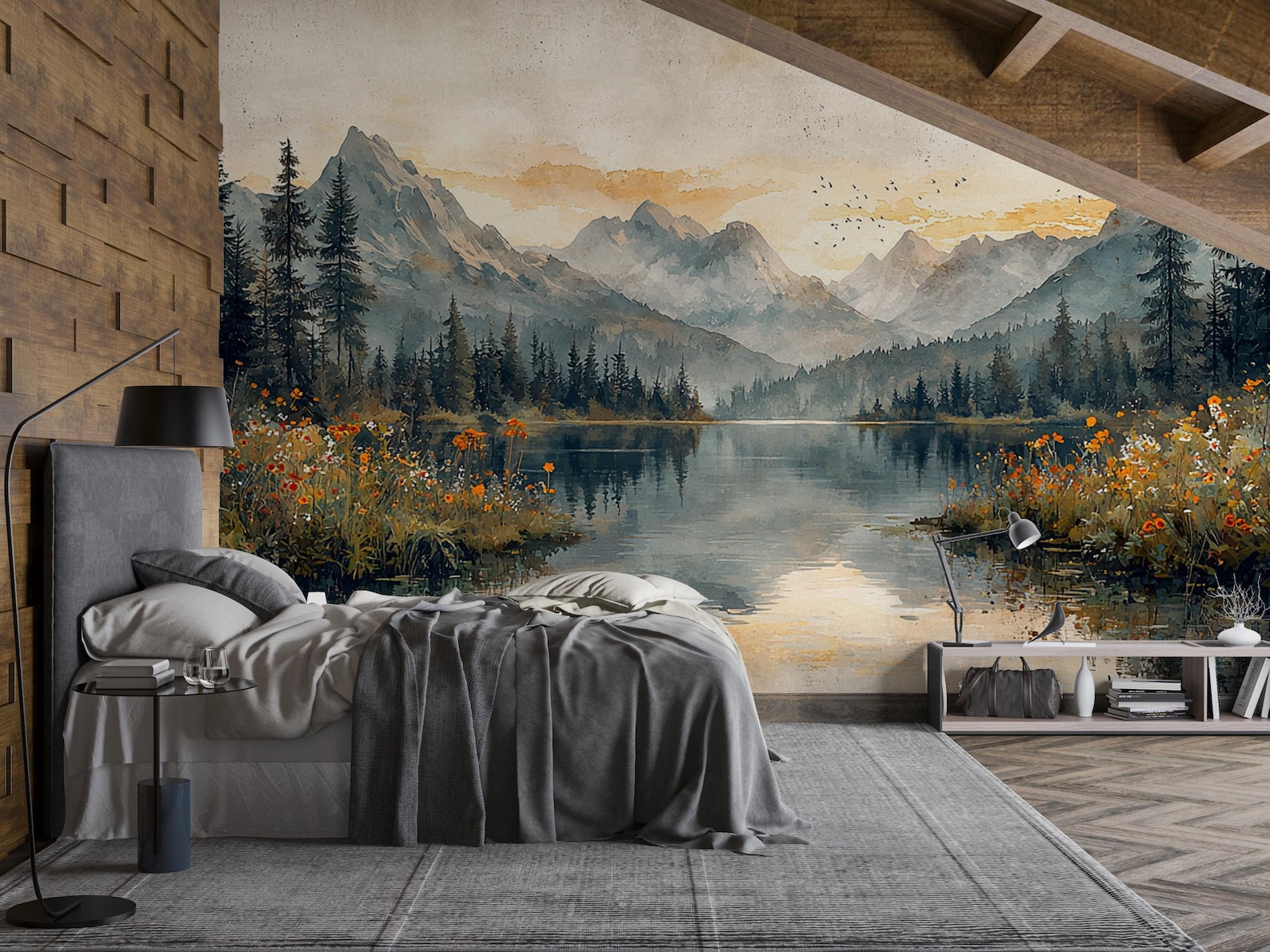 Wildflower Reflections | Sunset Mountain Mural | Scenic Lake Wallpaper ...