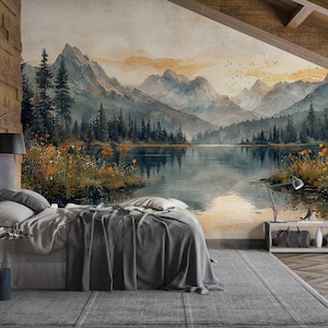 Wildflower Reflections | Sunset Mountain Mural | Scenic Lake Wallpaper | Pine Forest Wall Art | MU22