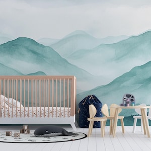 Verdant Drift | Watercolor Green Mountain Mural | Misty Landscape Wall Mural | Soft Green Nature Wallpaper | Scenic Nature Wallpaper | BL66N