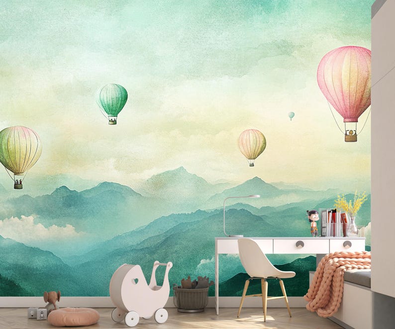 Hot Air Balloon Mural: Watercolor Mountain Nursery Decor, BL71K - Etsy
