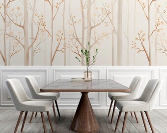 Amber Veil Forest | Miękka, warstwowa tapeta z motywem drzewa | Neutralny mural leśny | Zwiewny wystrój natury | B165