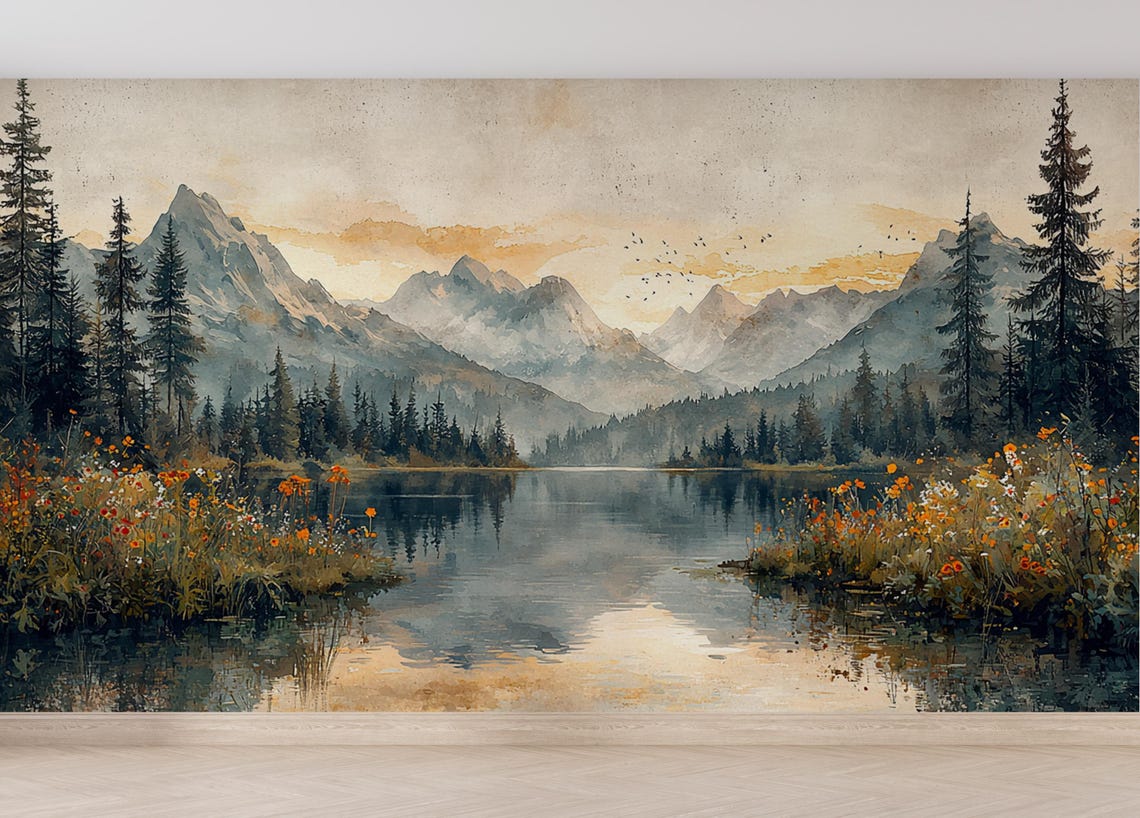 Wildflower Reflections | Sunset Mountain Mural | Scenic Lake Wallpaper ...