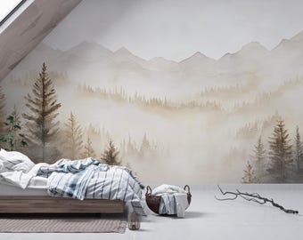 ミストスパイア | ニュートラルな水彩画の山林 | ベージュ＆グレーの木々の風景壁紙 | 静かな霧の自然 | BL138N