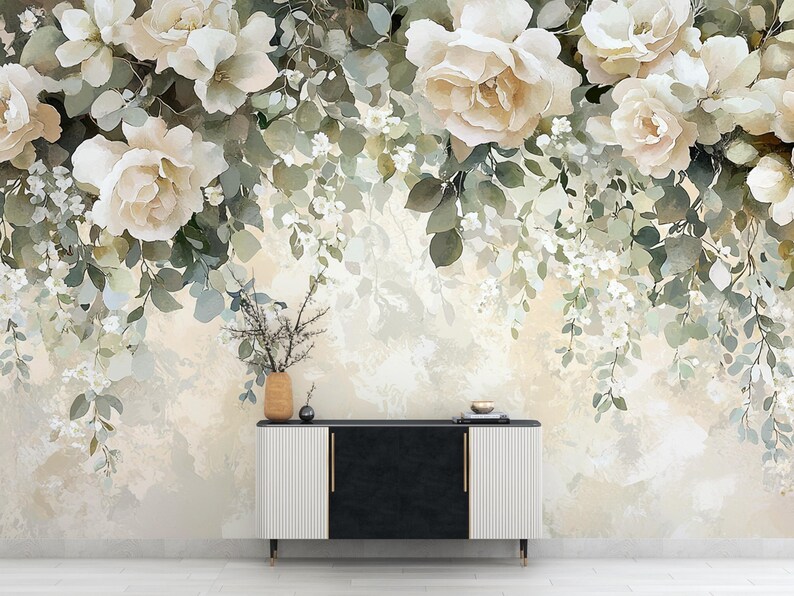 Ivory Garden Cascade Mural | Romantic Floral Wallpaper | Watercolor ...