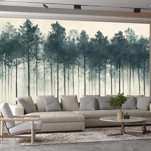 Pins silencieux | Papier peint forêt de pins brumeux | Forêt brumeuse vert calme Papier peint | Murale paysage naturel | murale d'arbre serein | BL36N