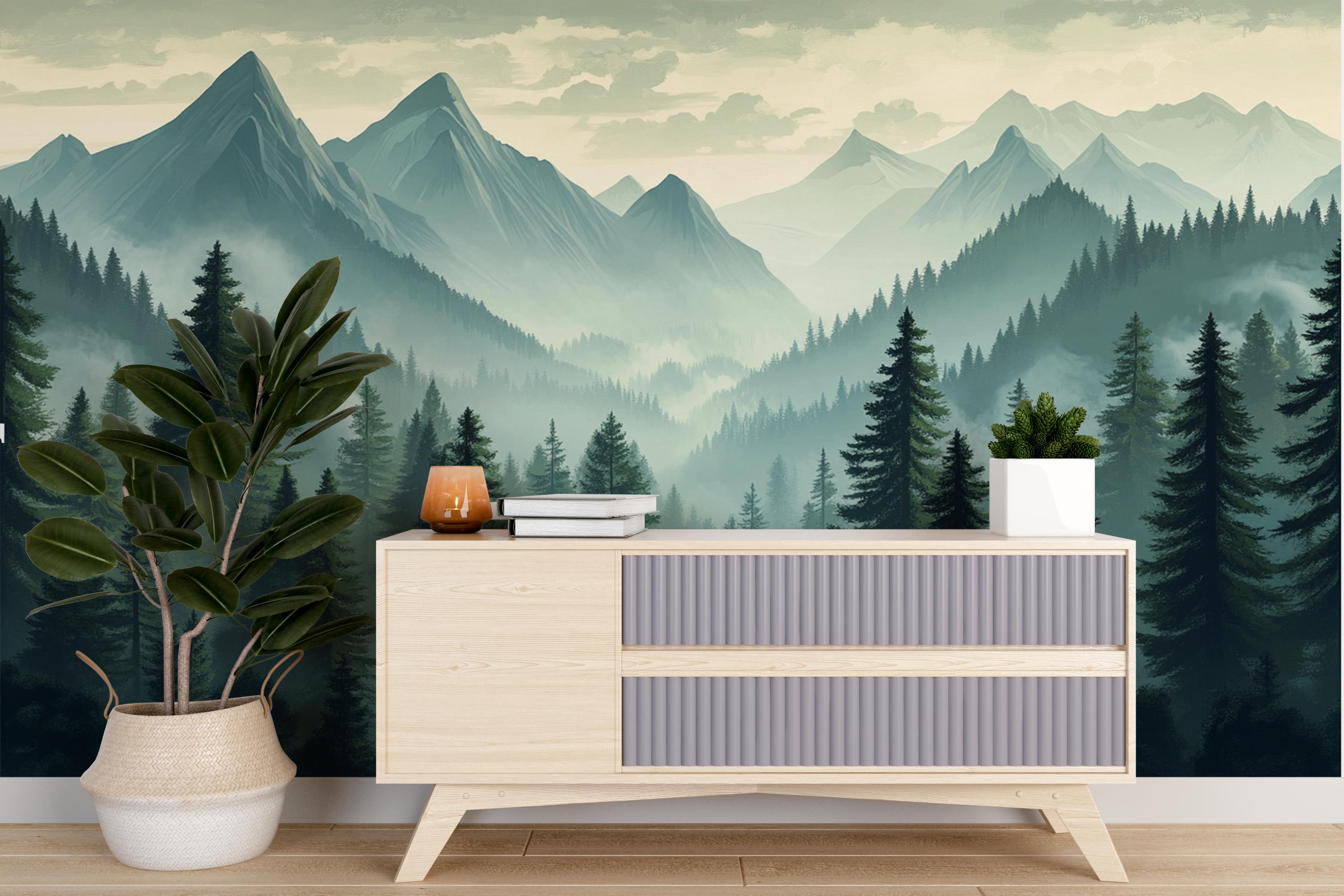 Mountain Wallpaper | Pine Forest Wall Mural | Misty Green Landscape ...