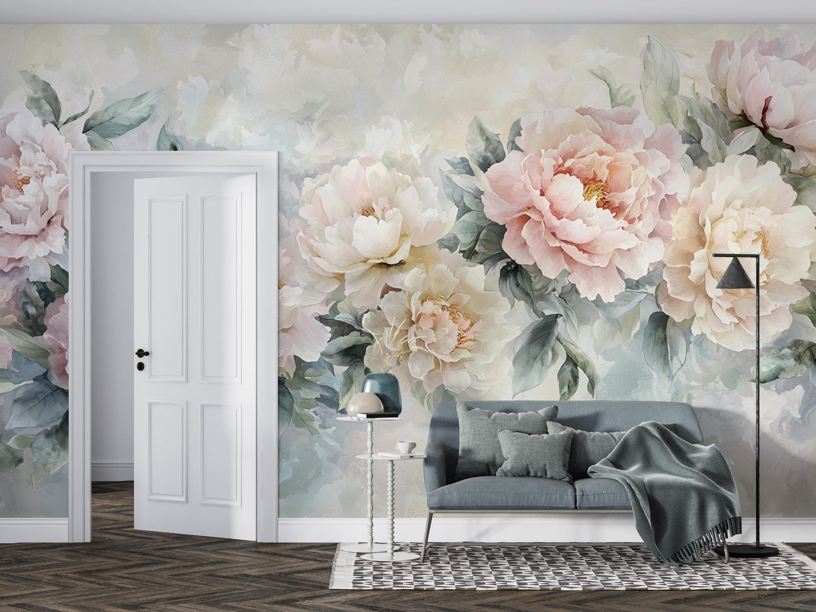 Pastel Peony Mural | Watercolor Floral Wallpaper | Blush Pink Botanical ...