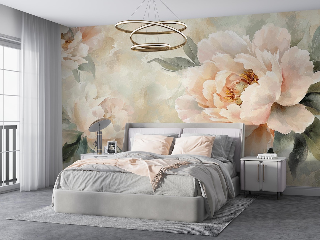 Blush Peony Mural | Watercolor Floral Wallpaper | Soft Pastel Flower ...