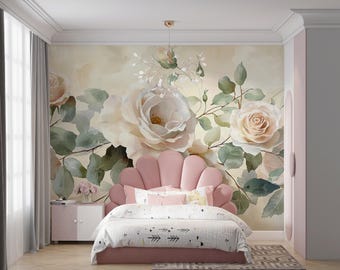 Blozen roze bloemenmuurschildering | Romantisch aquarelbehang | Elegant botanisch | Vintage rozentuin | MU72