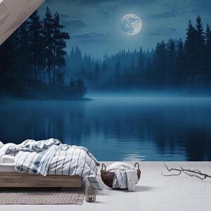 Moonlit Stillness | Calm Lake Mural | Misty Night Forest Wallpaper | Dark Tranquil | BL113N