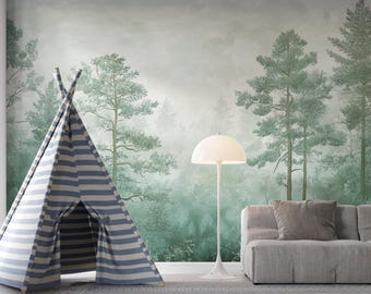 Emerald Whispering Pines | Green Pine Tree Forest Mural | Misty Woodland Wallpaper | Nature | BL52N