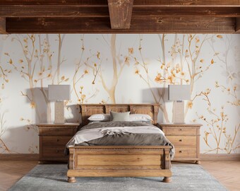 Golden Whisper Botanica | Tapeta z delikatnym złotym drzewem | Elegancki kwiatowy mural z lasem | Neutralny luksus | B166