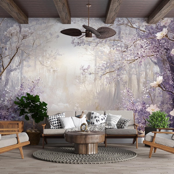 Lavender Bloomwood | Floral Forest Mural | Romantic Purple Blossom Wallpaper | Botanical Wall Art | BL43N