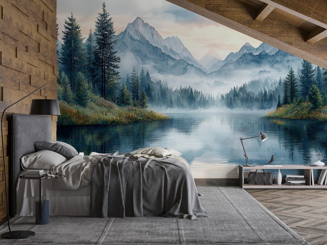 Tranquil Reflections | Misty Mountain Mural | Alpine Lake Wallpaper ...