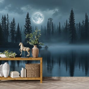 Moonlit Stillness | Full Moon Lake Mural | Dark Forest Reflection Wallpaper | Mystical Night | BL111N