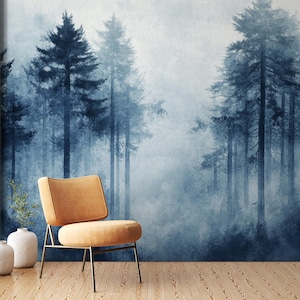 Silent Frosted Pines Wall Mural | Misty Blue Forest Wallpaper | Winter Pine Tree Peel and Stick Mural | Calm Nature Landscape Decor | BL24N