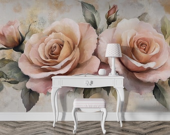 Antique Rose Reverie | Vintage Floral Mural | Romantic Cottagecore Wallpaper | Blush Peony Rose Art | BL18F