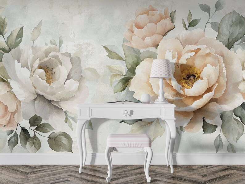 Cream Blush Peony Mural | Watercolor Floral Wallpaper | Elegant ...