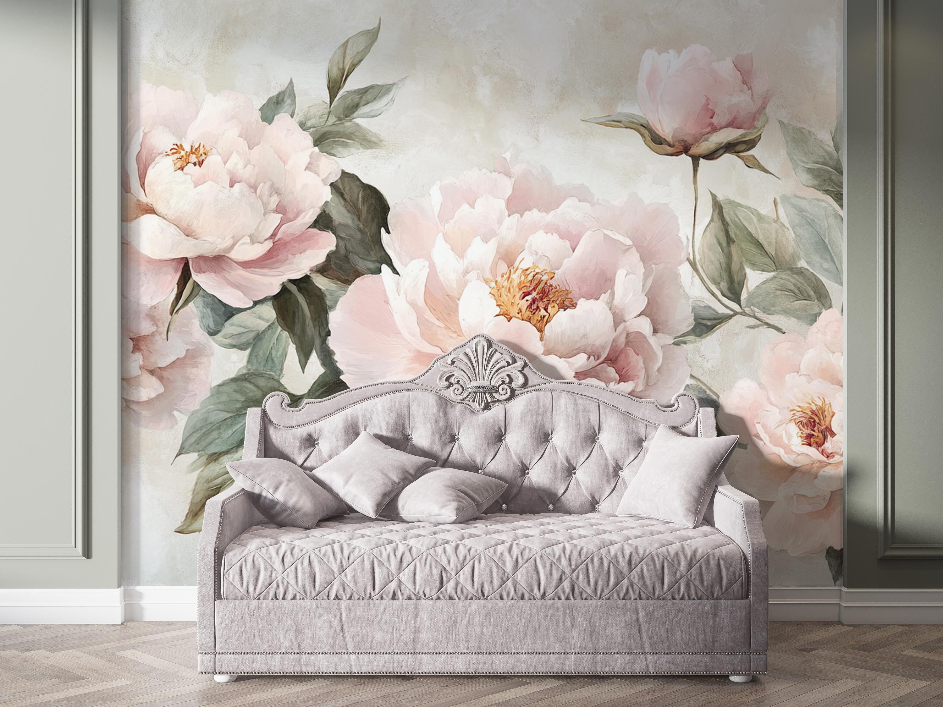 Blush Cascade | Elegant Blush Peony Mural | Watercolor Floral | Soft ...