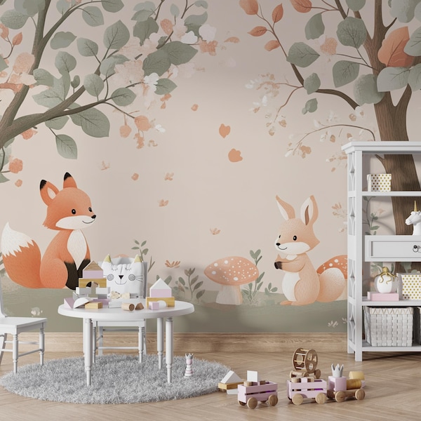 Woodland Companions Mural | Fox Bunny Squirrel Wall Art | Whimsical Forest Animal Wallpaper | Cute Woodland Play Scene | BL90K