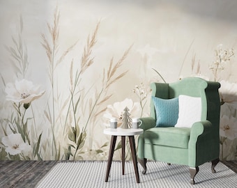 Ivory Meadow | Neutral Wildflower Mural | Beige Boho Grass Wallpaper | Soft Watercolor Floral Landscape | BL06F