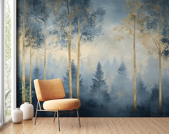 May include: A serene forest mural in shades of blue and gold creates a tranquil atmosphere. Tall trees with golden trunks stand against a misty backdrop, complemented by an orange chair and decorative vases. The room features wooden flooring and a large window.