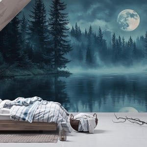 Moonlit Stillness | Full Moon Lake Mural | Dark Forest Reflection Wallpaper | Mystical Night | BL112N