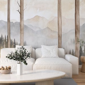 Still Pines | Neutral Mountain Forest Wallpaper | Watercolor Tree Mural in Beige & Grey | Minimalist Woodland Wall Art | BL134N