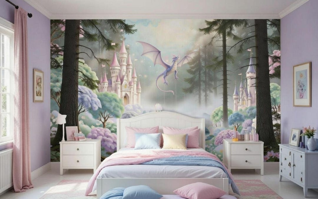 Whispering Dragon Vale | Fantasy Castle Forest Wall Mural | Pastel ...