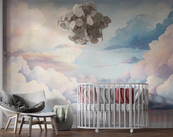 空の光とピンクの雲の壁紙壁画：シンプルな自然の壁の装飾 - Etsy 日本