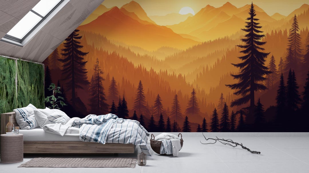 Solara Crest | Sunset Mountain Forest Mural | Golden Landscape | Warm ...