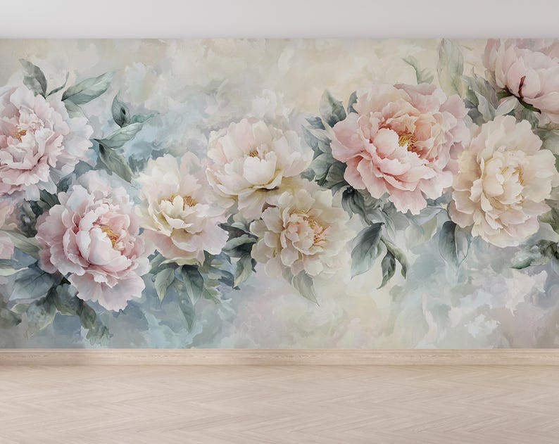 Pastel Peony Mural | Watercolor Floral Wallpaper | Blush Pink Botanical ...